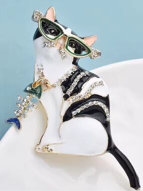 Anthropologie Black White Cat Brooch with Green Glasses and Gold Accents